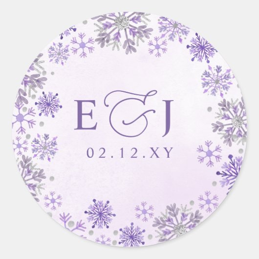 モノグラム シルバー パープルの雪の結晶 冬の結婚式 ラウンドシール (正面)