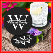 モノグラム | シンプルなファミリー ネーム | 黒と白 ラウンドペーパーコースター