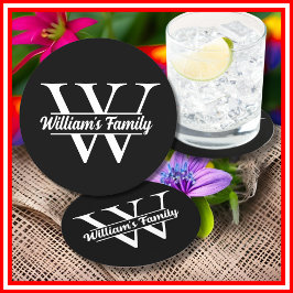 モノグラム | シンプルなファミリー ネーム | 黒と白 ラウンドペーパーコースター