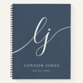 モノグラム シンプル ネイビーブルー アイボリー 個人名入れ ノートブック (正面)