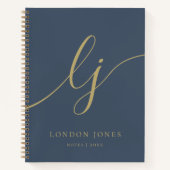 モノグラム シンプル ネイビーブルー ゴールド 名前入り ノートブック (正面)