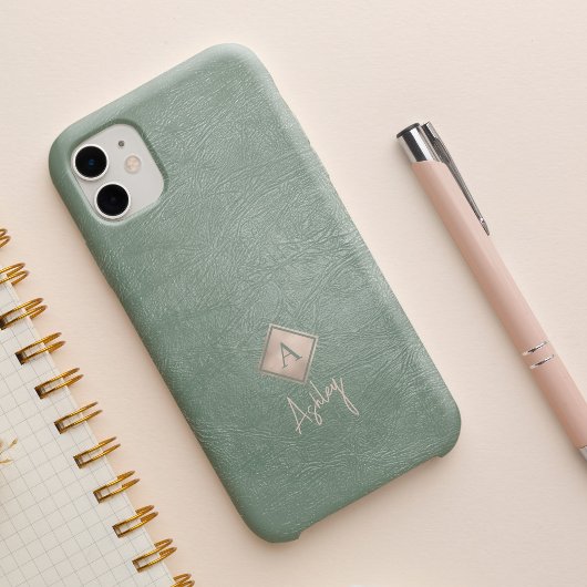モノグラム+スクリプトネームのsageレザー Case-Mate iPhoneケース