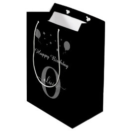 モノグラム スクリプト ハッピー バースデー ブラック ホワイト グレー ミディアムペーパーバッグ
