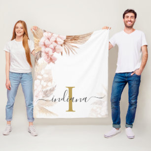 モノグラム スクリプト パンパス グラス 名前イニシャル ヤシの木 フリースブランケット