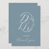 モノグラム スクリプト ボタニカル フローラル ロゴ 結婚式 青 招待状 (正面/裏面)