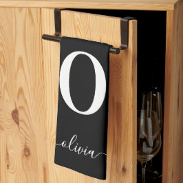 モノグラム スクリプト 名前 オーダーメイド ブラック＆ホワイト キッチンタオル