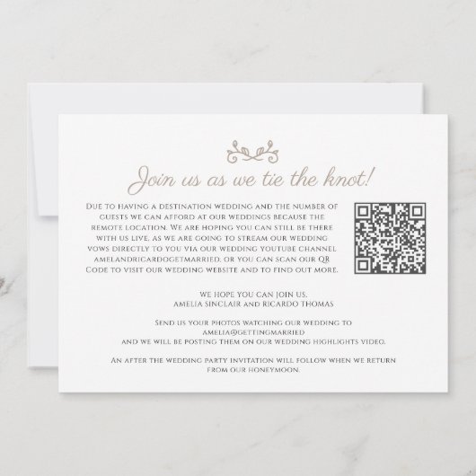 モノグラム タン ホワイト ウェディング ライブ ストリーム QR コード 案内状 (裏面)