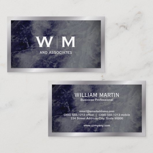 モノグラム |ダークブルー大理石テクスチャ 名刺 (正面/裏面)