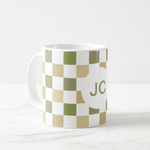 モノグラム チェッカー柄 グリーン ベージュ モダン シンプル コーヒーマグカップ