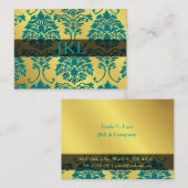 モノグラム、ティール(緑がかった色)オン金ゴールドトーンダマスクチャビーカード 名刺 (正面/裏面)