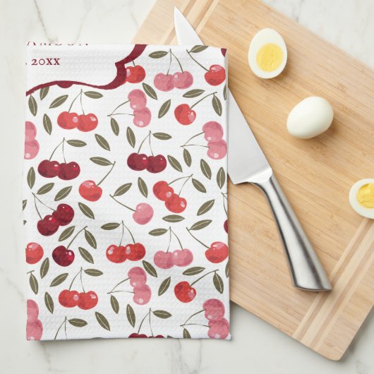 モノグラム ティー Pretty Pink & Red Cherry Pattern キッチンタオル (四つ折り)