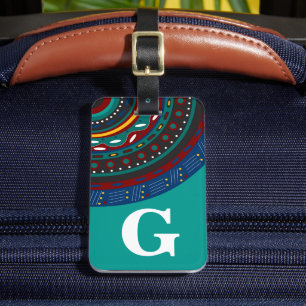 モノグラム、トライバルインスパイアパターン、ティール（緑がかった色） ラゲッジタグ