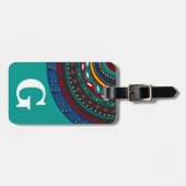 モノグラム、トライバルインスパイアパターン、ティール(緑がかった色) ラゲッジタグ (正面横)