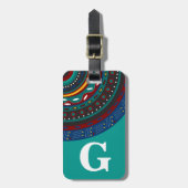 モノグラム、トライバルインスパイアパターン、ティール(緑がかった色) ラゲッジタグ (正面縦)