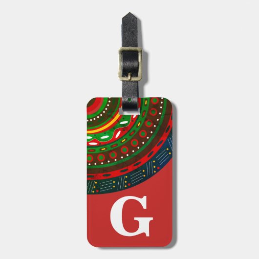 モノグラム、トライバルインスパイアパターン、赤 ラゲッジタグ (正面縦)