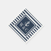 モノグラム ネイビーブルーのストライプが入った nautical のボートアンカー スタンダードカクテルナプキン (角)