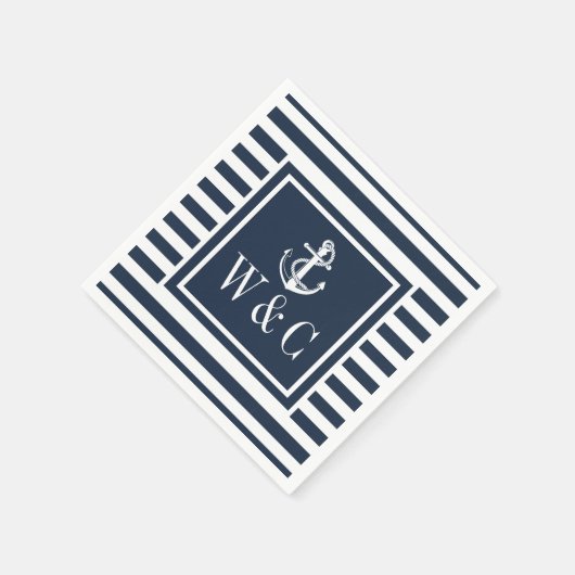 モノグラム ネイビーブルーのストライプが入った nautical のボートアンカー スタンダードカクテルナプキン (角)