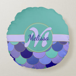 モノグラム+ネームパープル&アクアティール（緑がかった色）はかりで測#Mermaid ラウンドクッション