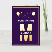 モノグラム ハッピー バースデー どんな年齢も 紫 白 ゴールド 箔グリーティングカード (正面)