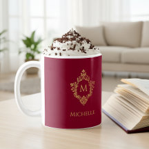 モノグラム バーガンディ ゴールド ヴィンテージ オーナメント クレスト 名前 