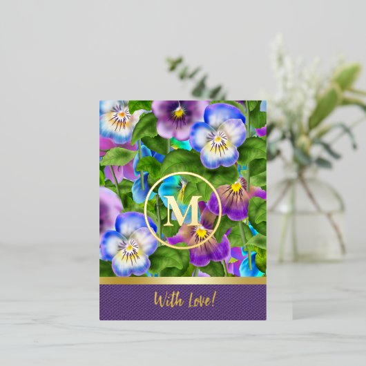 モノグラム バースデー パンジー 紫の花 水彩 箔シーズンポストカード (立ち正面)