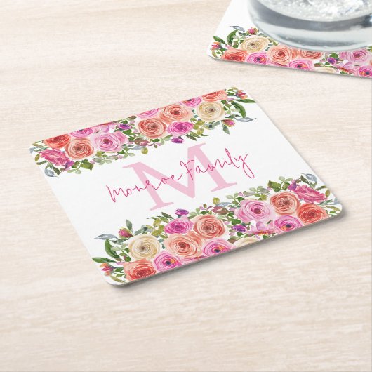 モノグラム | パーソナライズ | 水彩画 | フローラ スクエアペーパーコースター (アングル)