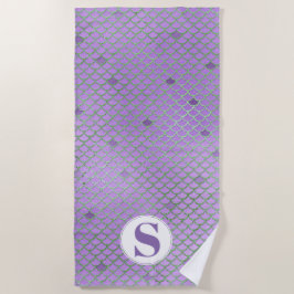モノグラム パープルとグリーンのマーメイドスケール ビーチタオル