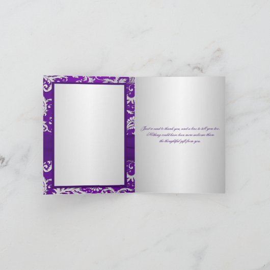 モノグラム パープルとシルバーのダマスク お礼カード サンキューカード (内部)