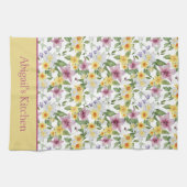 モノグラム パープル イエロー ホワイト グリーン フラワー シック キッチンタオル (横)