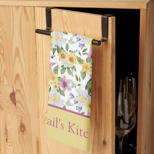 モノグラム パープル イエロー ホワイト グリーン フラワー シック キッチンタオル (三つ折り)