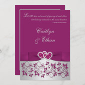 モノグラム パープル シルバー フローラル ウェディング 招待状 (正面/裏面)