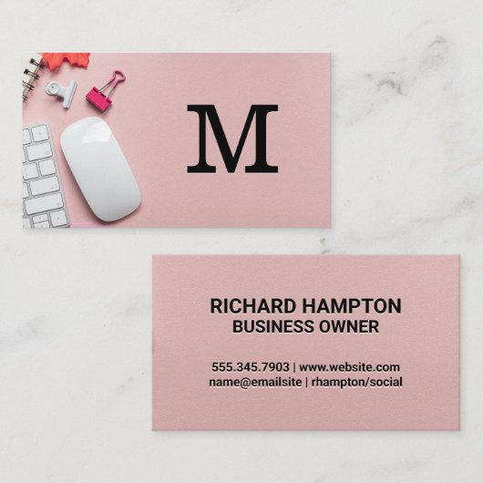 モノグラム |ピンクレザーオフィス宇宙背景 名刺 (正面/裏面)