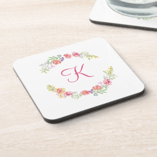 モノグラム ピンク イエロー グリーン 花模様 ウォーターカラー コースター (左側)