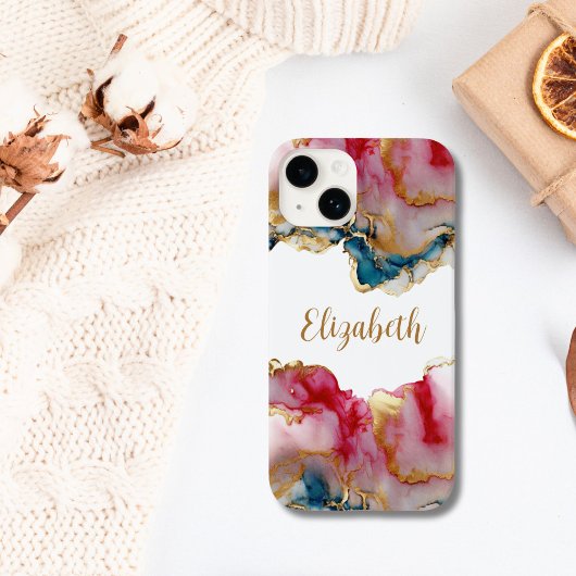 モノグラム ピンク ブルー ゴールドウォッシュ 水彩 抽象画 Case-Mate iPhoneケース