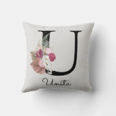 モノグラム ピンク ボヘミアンスタイル お嬢さんっぽい 花柄イニシャルU クッション (裏面)