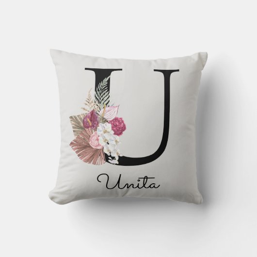モノグラム ピンク ボヘミアンスタイル お嬢さんっぽい 花柄イニシャルU クッション (正面)