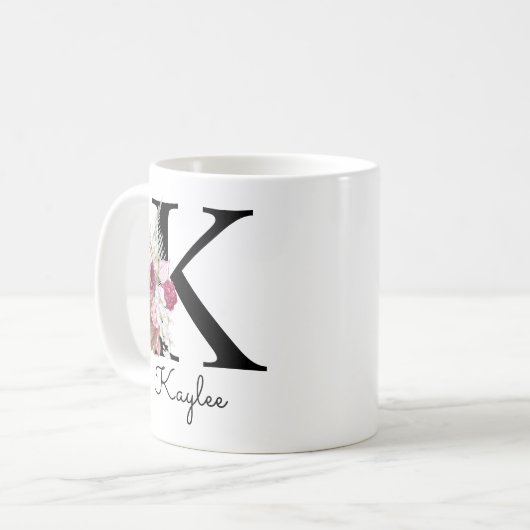モノグラム ピンク ボヘミアンスタイル 花柄イニシャルK コーヒーマグカップ (正面左)