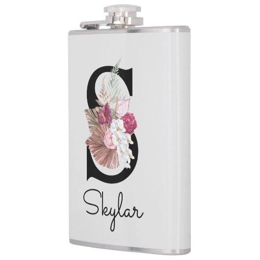 モノグラム ピンク ボヘミアンフラワーのイニシャルS フラスク (左)