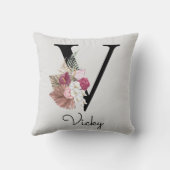 モノグラム ピンク ボヘミアンフラワーイニシャルV クッション (裏面)