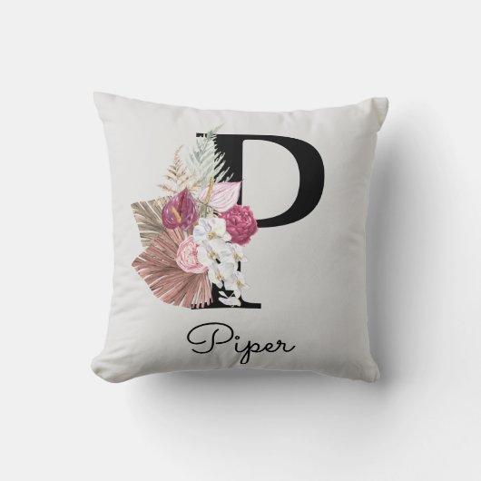 モノグラム ピンク ボヘミアンフラワープレゼントイニシャルP クッション (正面)