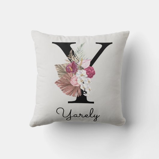 モノグラム ピンク ボヘミアンフラワープレゼントイニシャルY クッション (裏面)