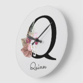 モノグラム ピンク ボヘミア ガーリー フラワーイニシャルQ ラージ壁時計 (傾斜)
