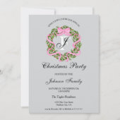 モノグラム ピンク リボン 輪飾り クリスマス ディナー パーティー 招待状 (正面)