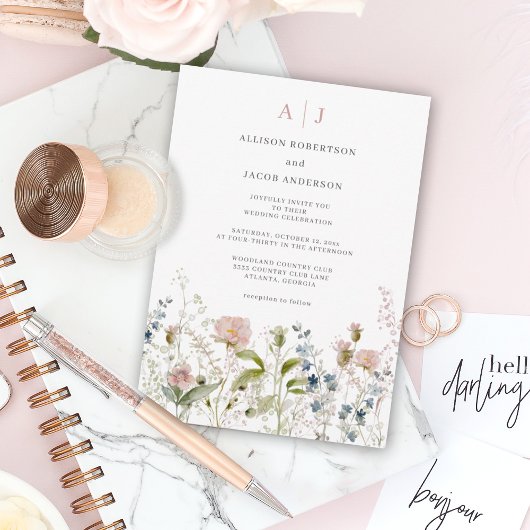 モノグラム ピンク ワイルドフラワー 花 結婚式 招待状