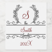 モノグラム ファミリー ネーム スクリプト フォント 葉 ワインラベル (シングルラベル)