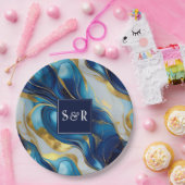 モノグラム フェイクゴールド、青と白の大理石の結婚式 ペーパープレート (パーティー)