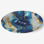 モノグラム フェイクゴールド、青と白の大理石の結婚式 ペーパープレート (アングル)