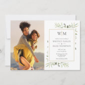 モノグラム フォト ボタニカル グリーン ウェディング 招待状 (正面)