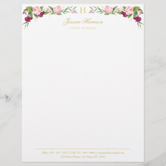 モノグラム フラワーパープル ピンク スイートピー ヴィンテージ レターヘッド (正面)