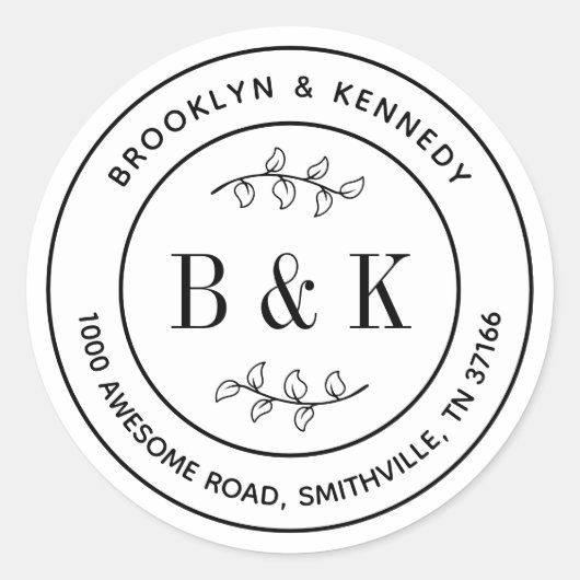 モノグラム フラワー ウェディング カップル名 返送先住所 ラウンドシール (正面)